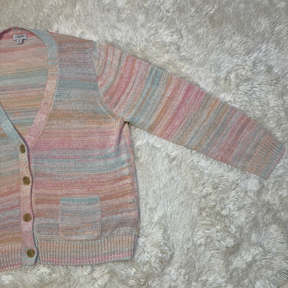 J. Crew Pastel Multicolor Rainbow V-Neck Cotton Button Front Cardigan - Picture 4 of 10
